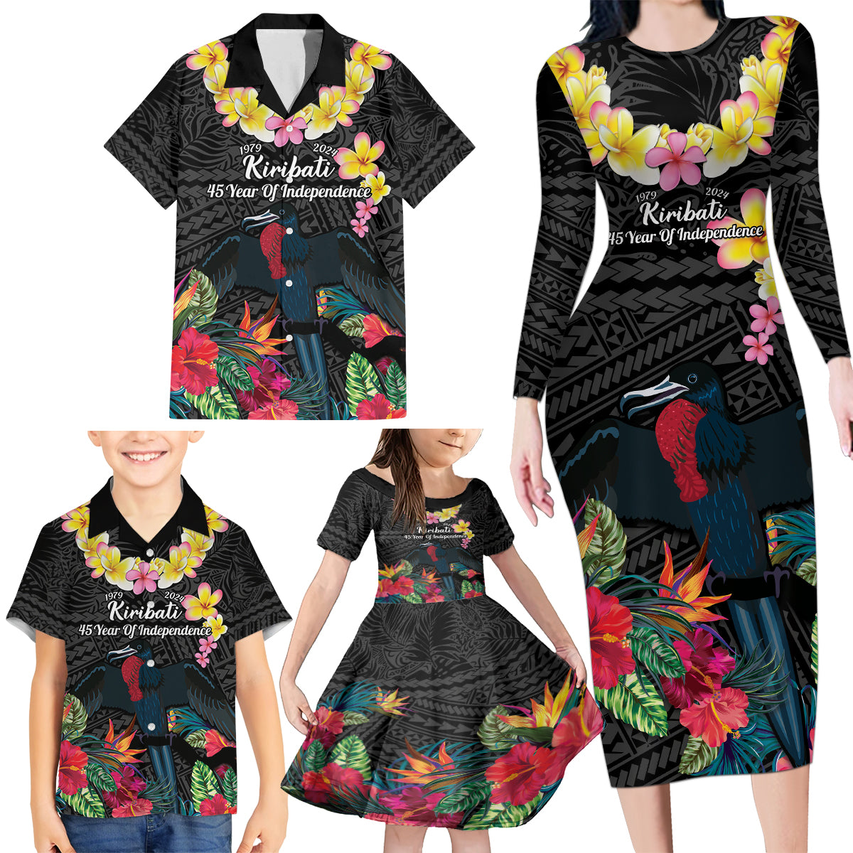 Kiribati Independence Day Family Matching Long Sleeve Bodycon Dress and Hawaiian Shirt Frigatebird Mix Tropical Flowers - Black Style LT14 - Polynesian Pride