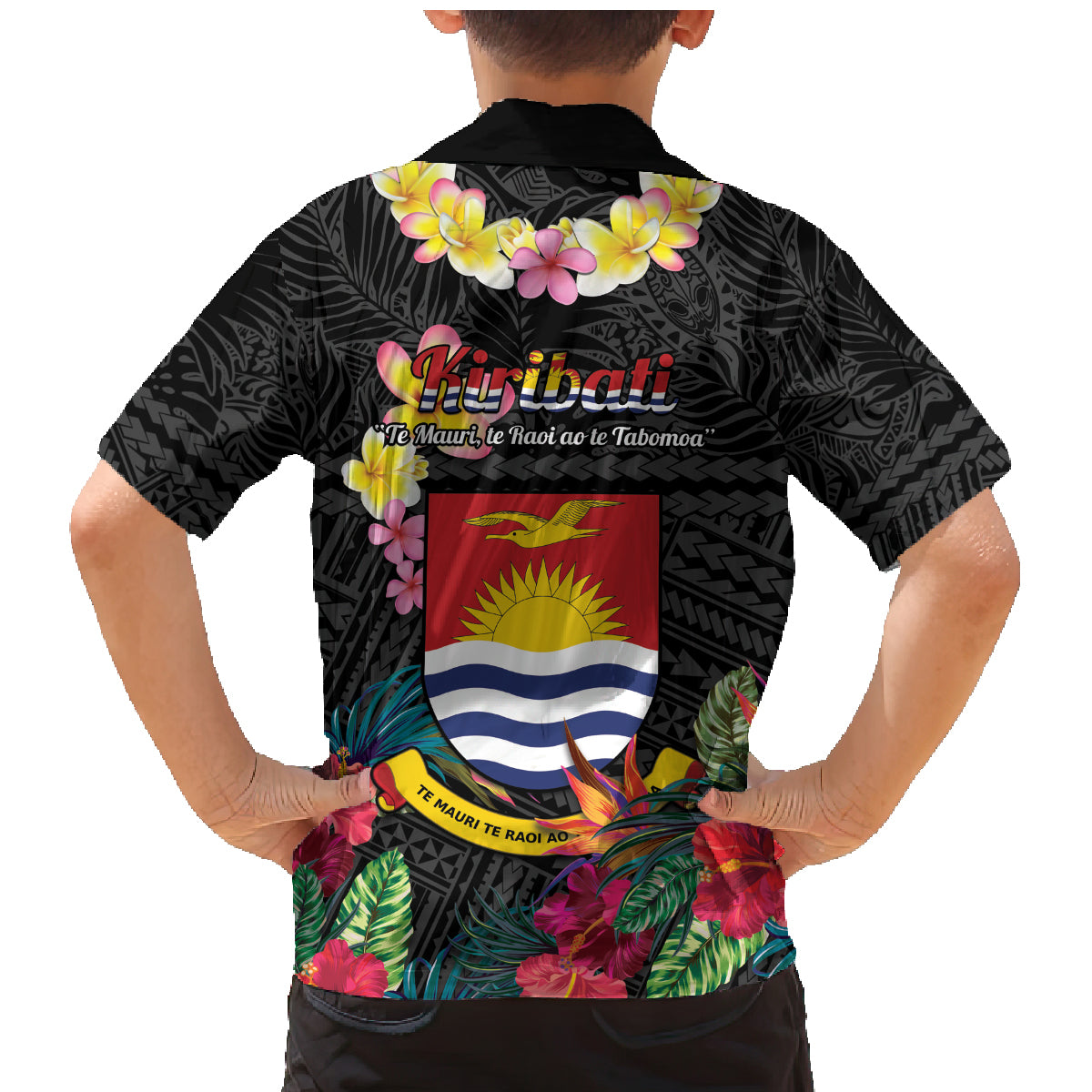 Kiribati Independence Day Family Matching Mermaid Dress and Hawaiian Shirt Frigatebird Mix Tropical Flowers - Black Style LT14 - Polynesian Pride
