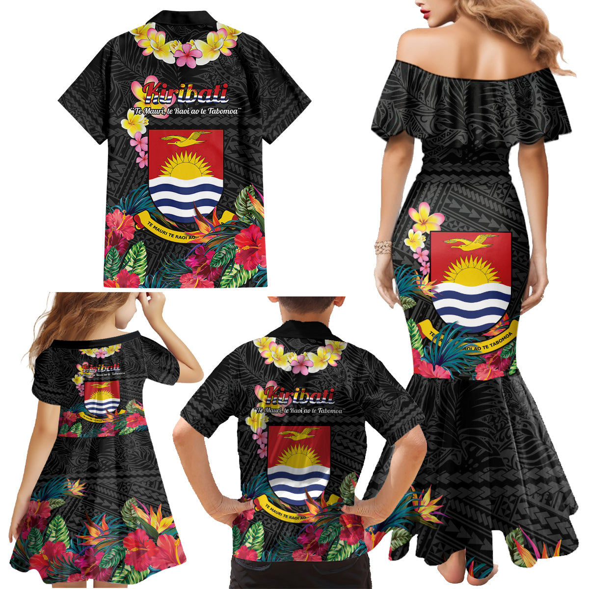 Kiribati Independence Day Family Matching Mermaid Dress and Hawaiian Shirt Frigatebird Mix Tropical Flowers - Black Style LT14 - Polynesian Pride