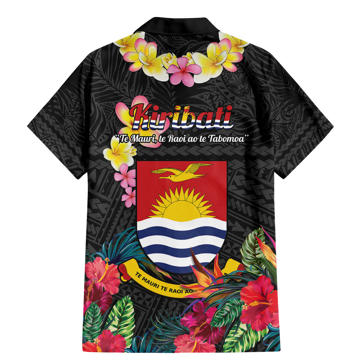 Kiribati Independence Day Family Matching Mermaid Dress and Hawaiian Shirt Frigatebird Mix Tropical Flowers - Black Style LT14 - Polynesian Pride