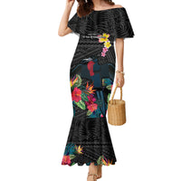 Kiribati Independence Day Family Matching Mermaid Dress and Hawaiian Shirt Frigatebird Mix Tropical Flowers - Black Style LT14 Mom's Dress Black - Polynesian Pride