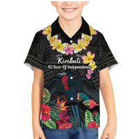 Kiribati Independence Day Family Matching Mermaid Dress and Hawaiian Shirt Frigatebird Mix Tropical Flowers - Black Style LT14 Son's Shirt Black - Polynesian Pride