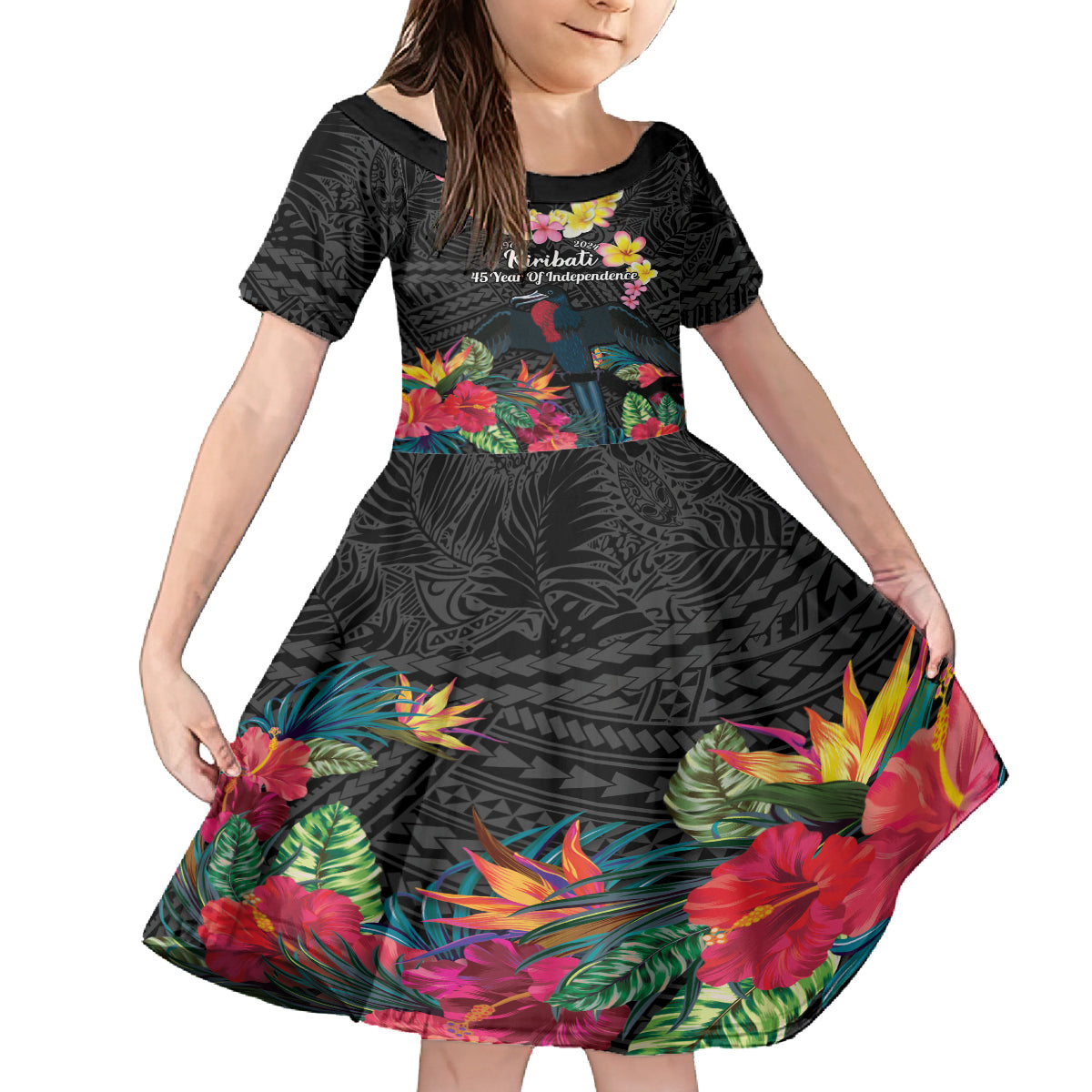 Kiribati Independence Day Family Matching Off The Shoulder Long Sleeve Dress and Hawaiian Shirt Frigatebird Mix Tropical Flowers - Black Style LT14 Daughter's Dress Black - Polynesian Pride