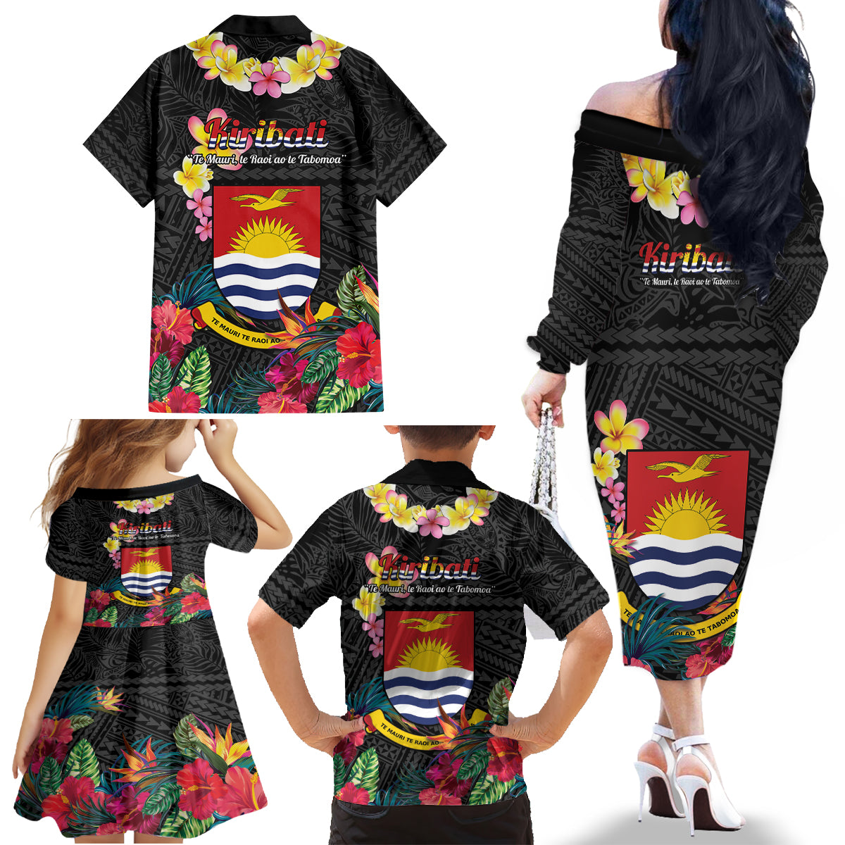 Kiribati Independence Day Family Matching Off The Shoulder Long Sleeve Dress and Hawaiian Shirt Frigatebird Mix Tropical Flowers - Black Style LT14 - Polynesian Pride