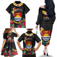 Kiribati Independence Day Family Matching Off The Shoulder Long Sleeve Dress and Hawaiian Shirt Frigatebird Mix Tropical Flowers - Black Style LT14 - Polynesian Pride