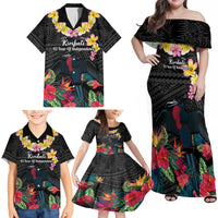 Kiribati Independence Day Family Matching Off Shoulder Maxi Dress and Hawaiian Shirt Frigatebird Mix Tropical Flowers - Black Style LT14 - Polynesian Pride