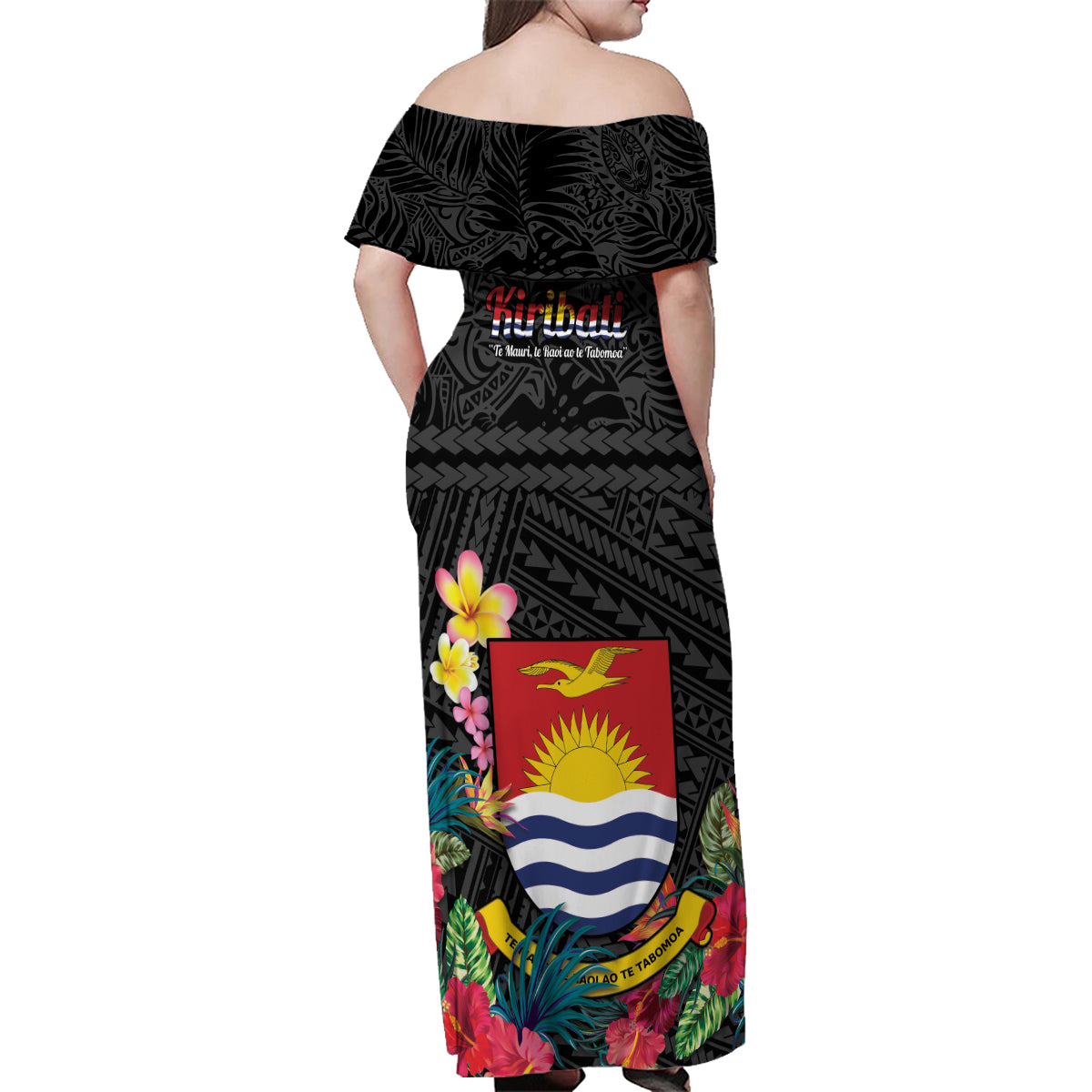 Kiribati Independence Day Family Matching Off Shoulder Maxi Dress and Hawaiian Shirt Frigatebird Mix Tropical Flowers - Black Style LT14 - Polynesian Pride