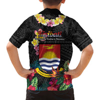 Kiribati Independence Day Family Matching Off Shoulder Short Dress and Hawaiian Shirt Frigatebird Mix Tropical Flowers - Black Style LT14 - Polynesian Pride