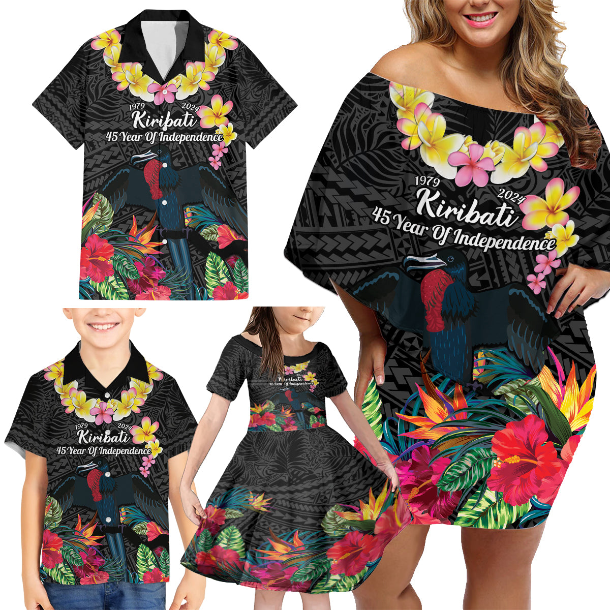 Kiribati Independence Day Family Matching Off Shoulder Short Dress and Hawaiian Shirt Frigatebird Mix Tropical Flowers - Black Style LT14 - Polynesian Pride