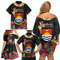Kiribati Independence Day Family Matching Off Shoulder Short Dress and Hawaiian Shirt Frigatebird Mix Tropical Flowers - Black Style LT14 - Polynesian Pride