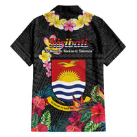 Kiribati Independence Day Family Matching Off Shoulder Short Dress and Hawaiian Shirt Frigatebird Mix Tropical Flowers - Black Style LT14 - Polynesian Pride