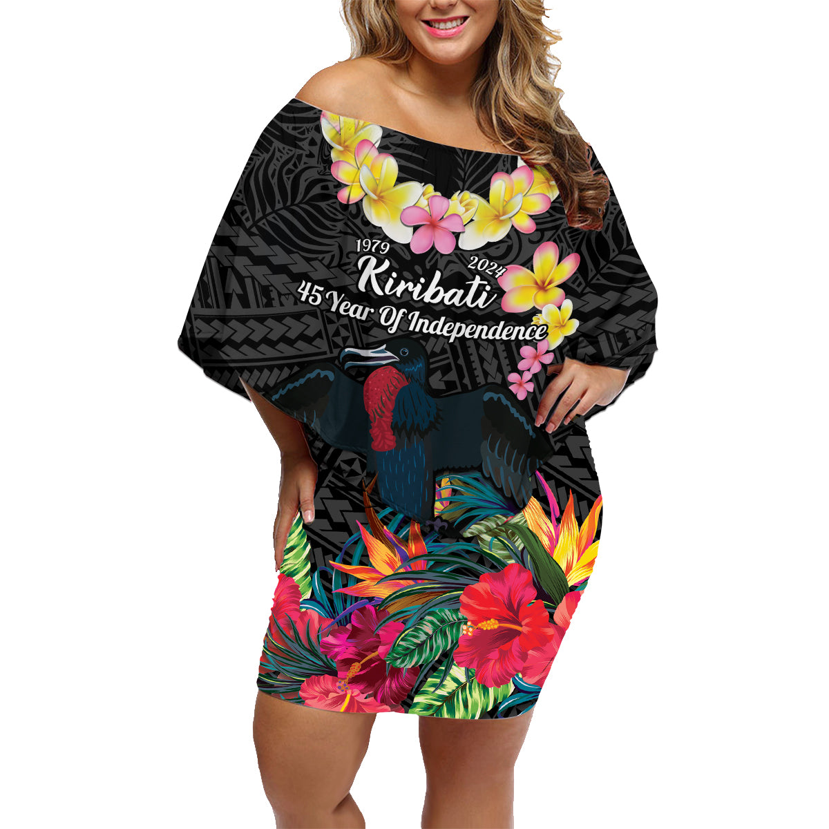 Kiribati Independence Day Family Matching Off Shoulder Short Dress and Hawaiian Shirt Frigatebird Mix Tropical Flowers - Black Style LT14 Mom's Dress Black - Polynesian Pride