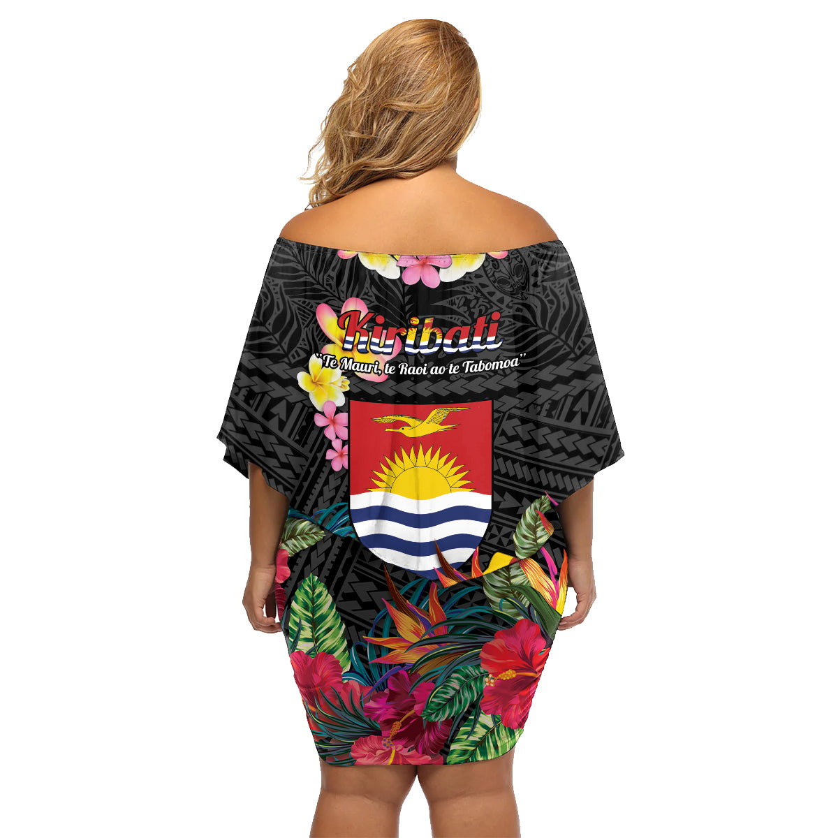 Kiribati Independence Day Family Matching Off Shoulder Short Dress and Hawaiian Shirt Frigatebird Mix Tropical Flowers - Black Style LT14 - Polynesian Pride