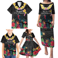 Kiribati Independence Day Family Matching Puletasi and Hawaiian Shirt Frigatebird Mix Tropical Flowers - Black Style LT14 - Polynesian Pride