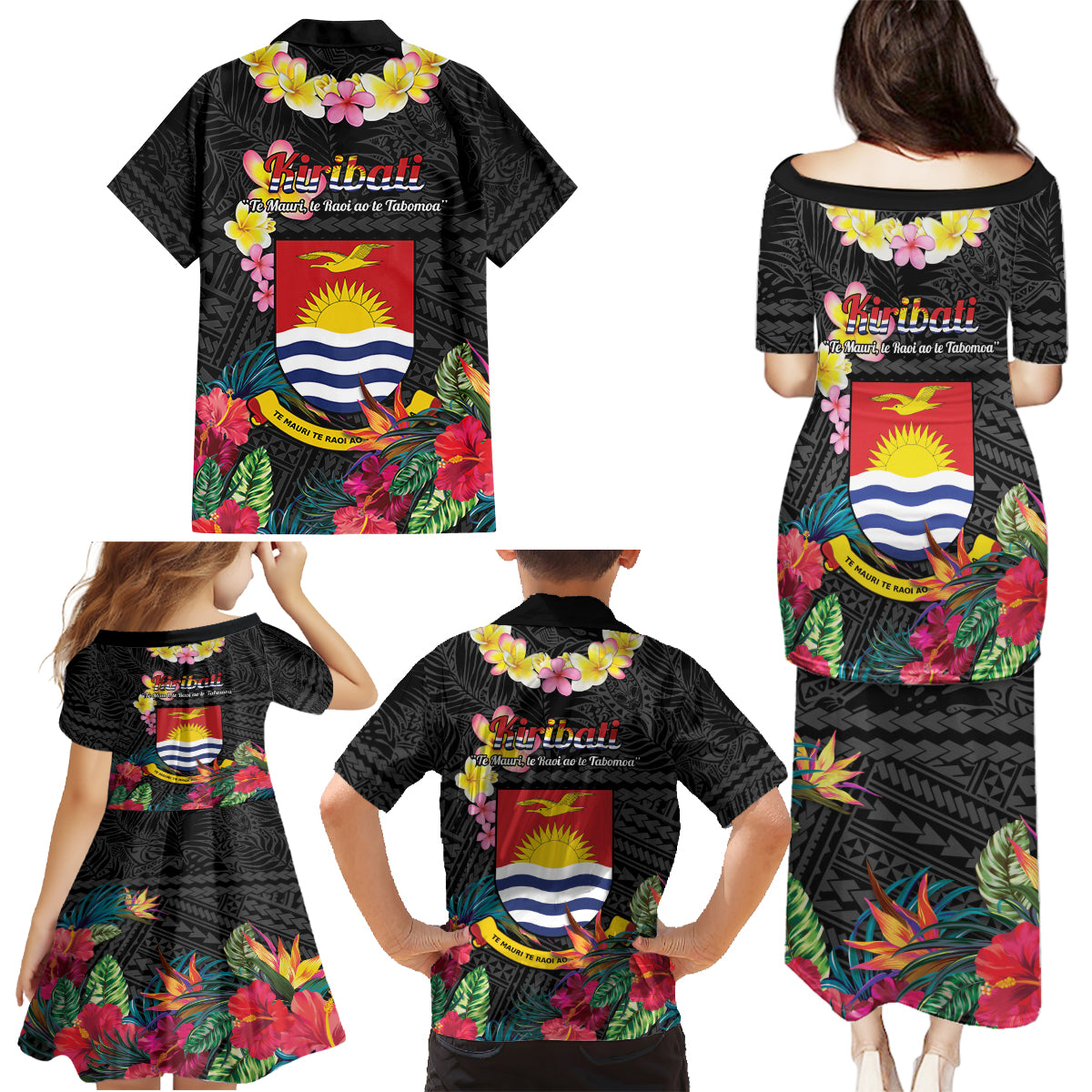 Kiribati Independence Day Family Matching Puletasi and Hawaiian Shirt Frigatebird Mix Tropical Flowers - Black Style LT14 - Polynesian Pride