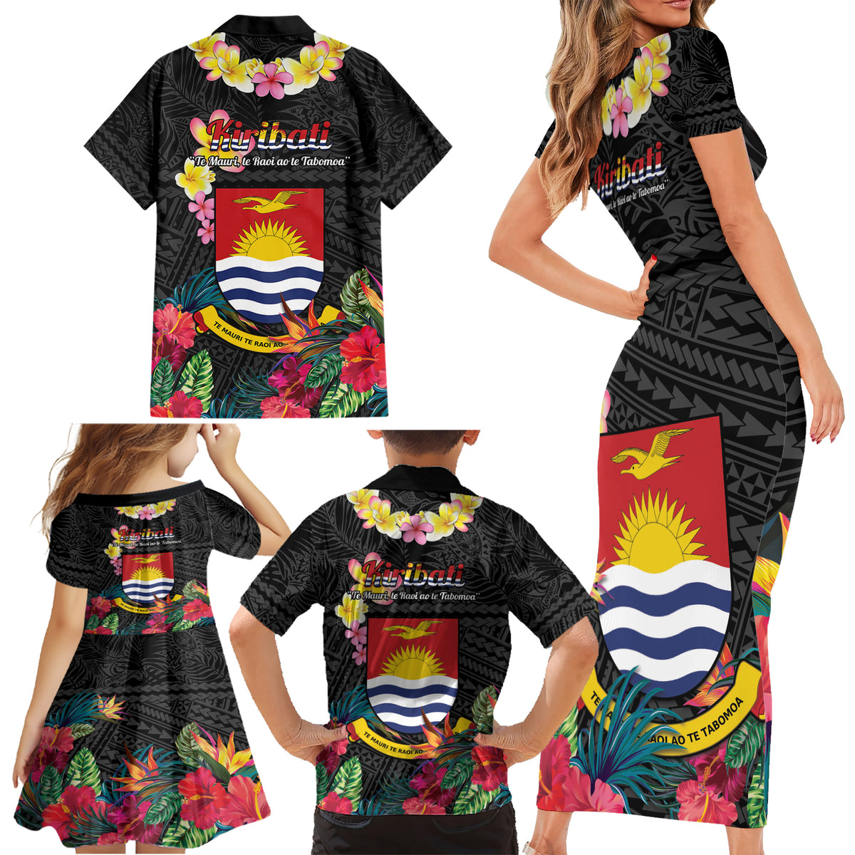 Kiribati Independence Day Family Matching Short Sleeve Bodycon Dress and Hawaiian Shirt Frigatebird Mix Tropical Flowers - Black Style LT14 - Polynesian Pride