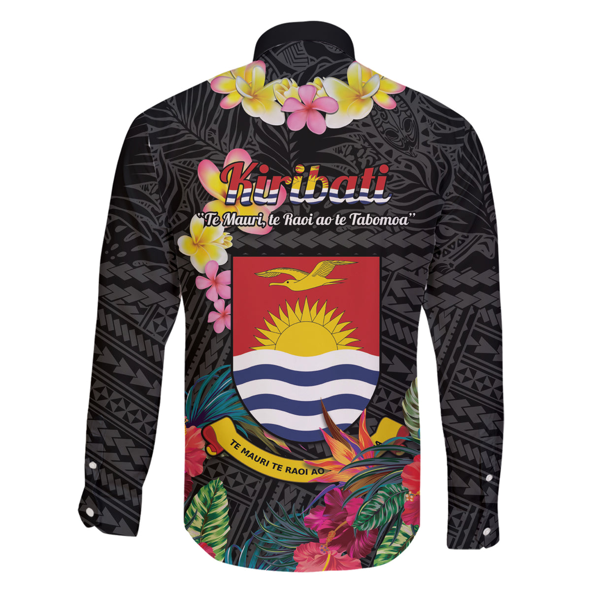 Kiribati Independence Day Family Matching Short Sleeve Bodycon Dress and Hawaiian Shirt Frigatebird Mix Tropical Flowers - Black Style LT14 - Polynesian Pride