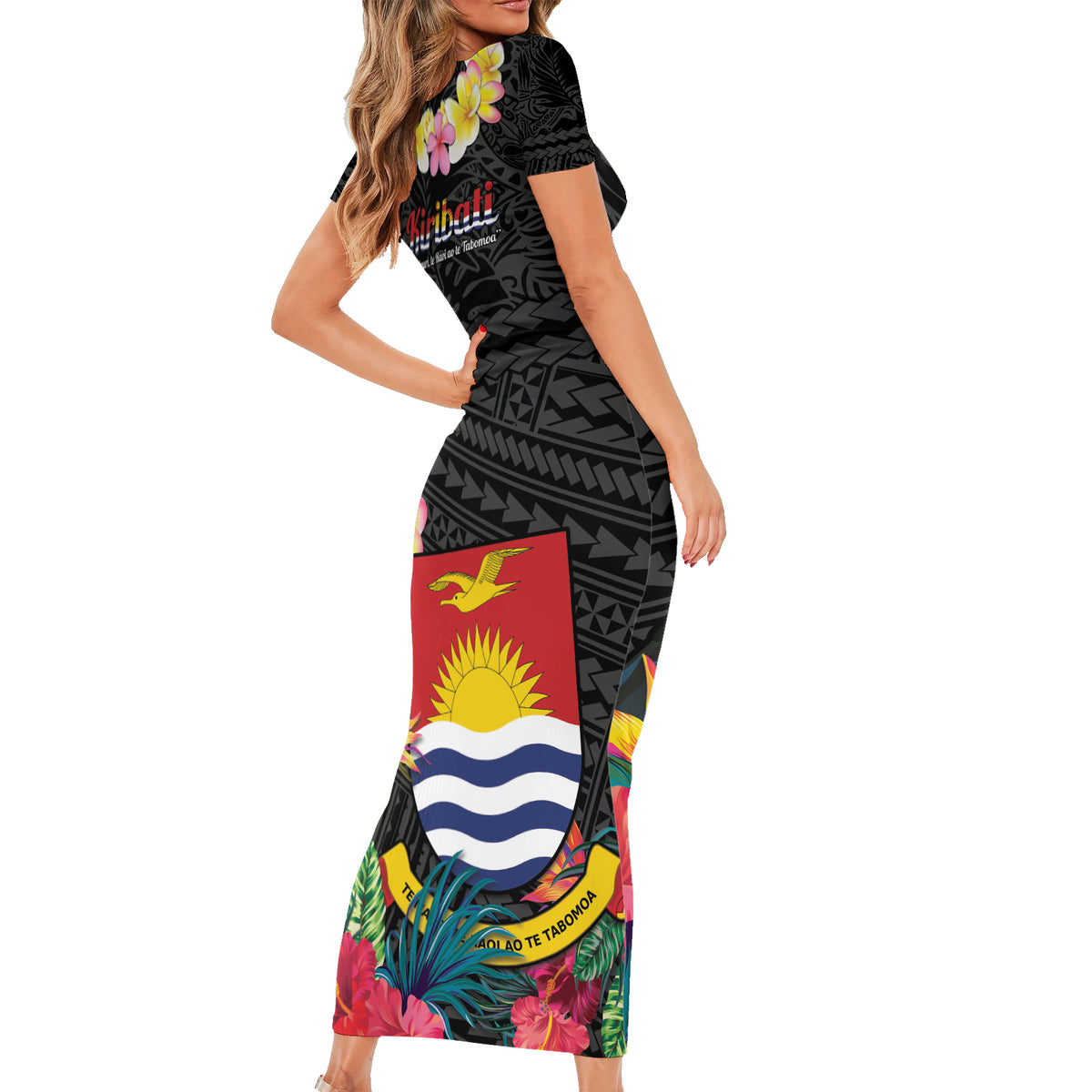 Kiribati Independence Day Family Matching Short Sleeve Bodycon Dress and Hawaiian Shirt Frigatebird Mix Tropical Flowers - Black Style LT14 - Polynesian Pride