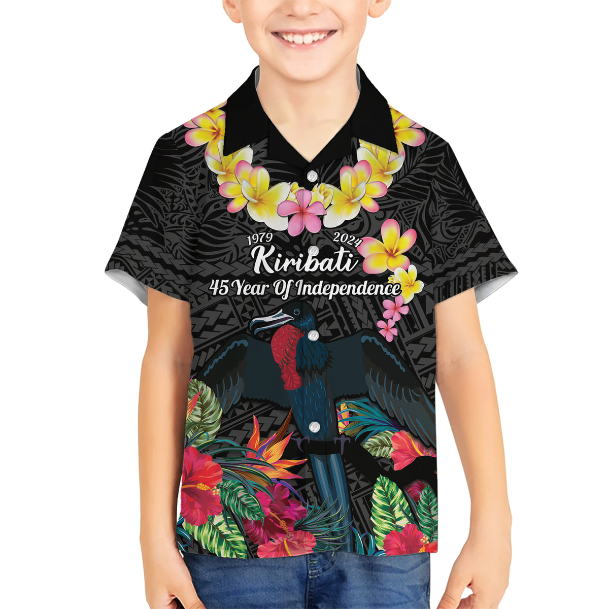 Kiribati Independence Day Family Matching Short Sleeve Bodycon Dress and Hawaiian Shirt Frigatebird Mix Tropical Flowers - Black Style LT14 Son's Shirt Black - Polynesian Pride