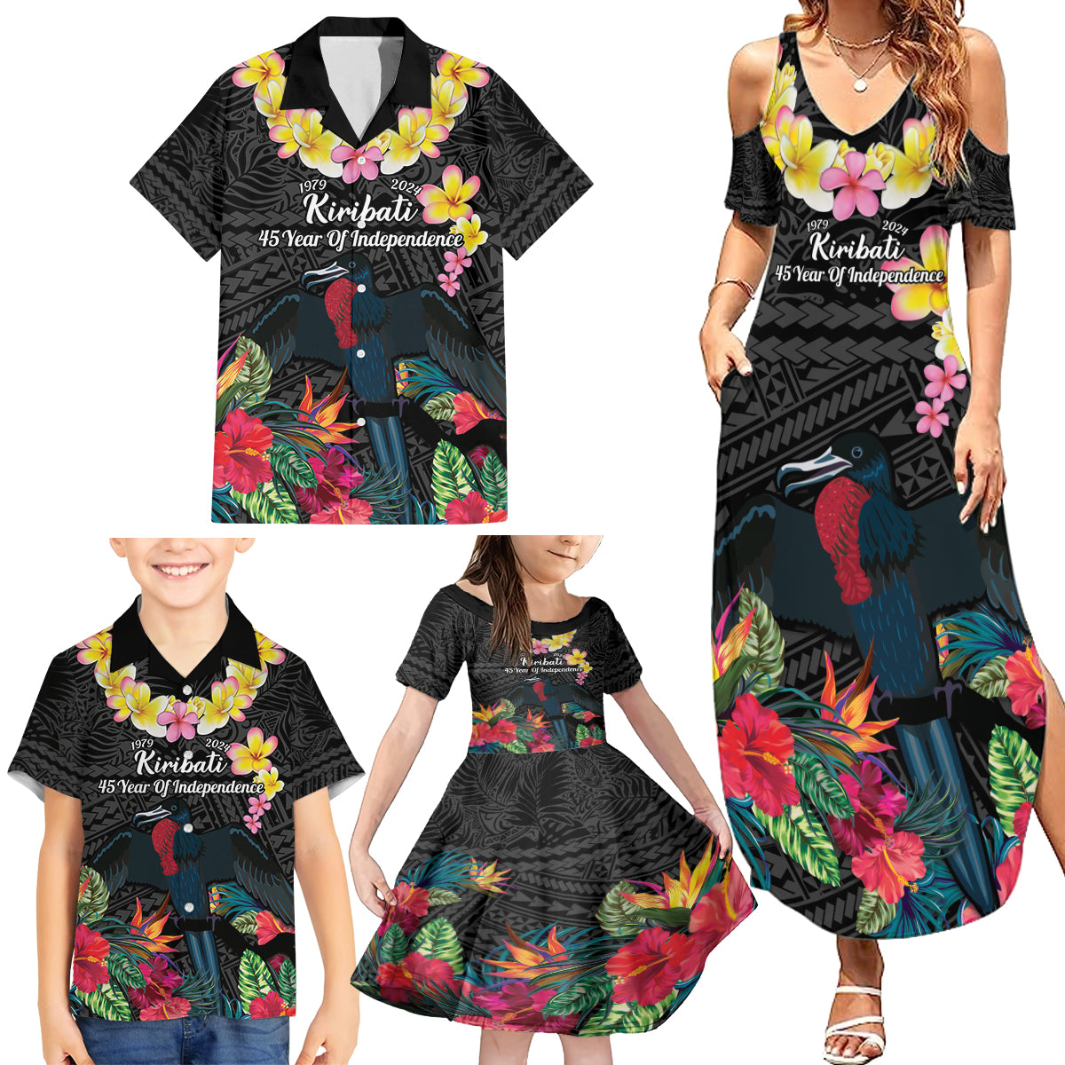 Kiribati Independence Day Family Matching Summer Maxi Dress and Hawaiian Shirt Frigatebird Mix Tropical Flowers - Black Style LT14 - Polynesian Pride
