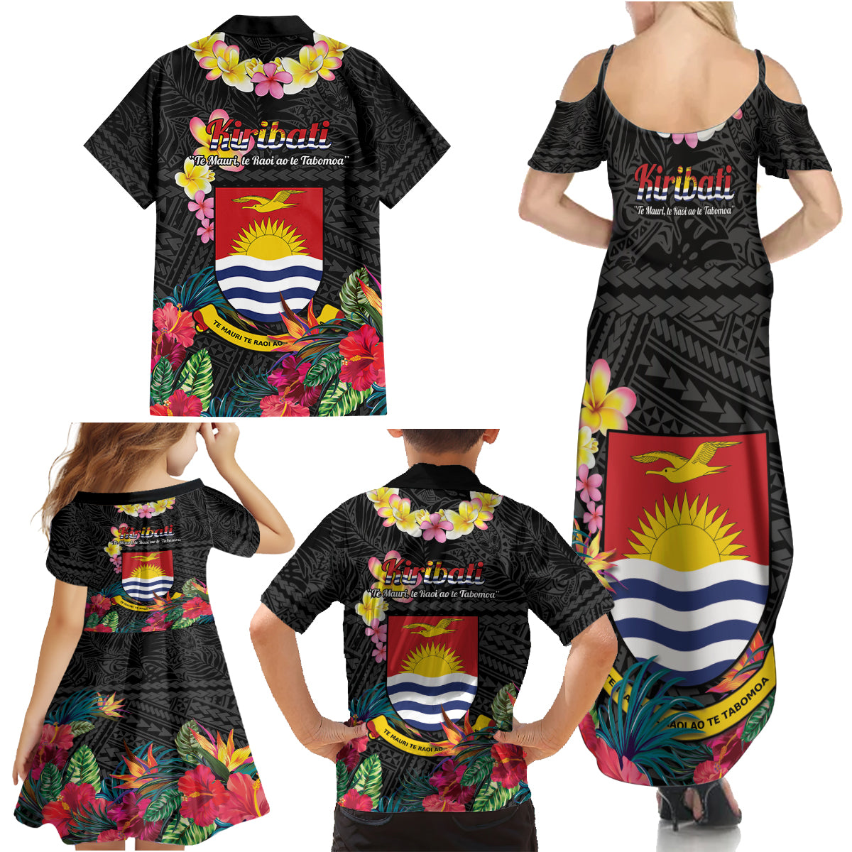 Kiribati Independence Day Family Matching Summer Maxi Dress and Hawaiian Shirt Frigatebird Mix Tropical Flowers - Black Style LT14 - Polynesian Pride