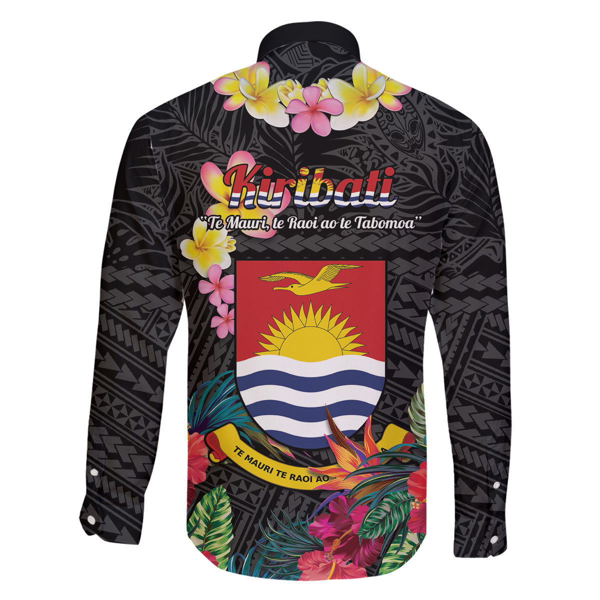 Kiribati Independence Day Family Matching Summer Maxi Dress and Hawaiian Shirt Frigatebird Mix Tropical Flowers - Black Style LT14 - Polynesian Pride