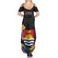 Kiribati Independence Day Family Matching Summer Maxi Dress and Hawaiian Shirt Frigatebird Mix Tropical Flowers - Black Style LT14 - Polynesian Pride