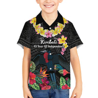 Kiribati Independence Day Family Matching Summer Maxi Dress and Hawaiian Shirt Frigatebird Mix Tropical Flowers - Black Style LT14 Son's Shirt Black - Polynesian Pride