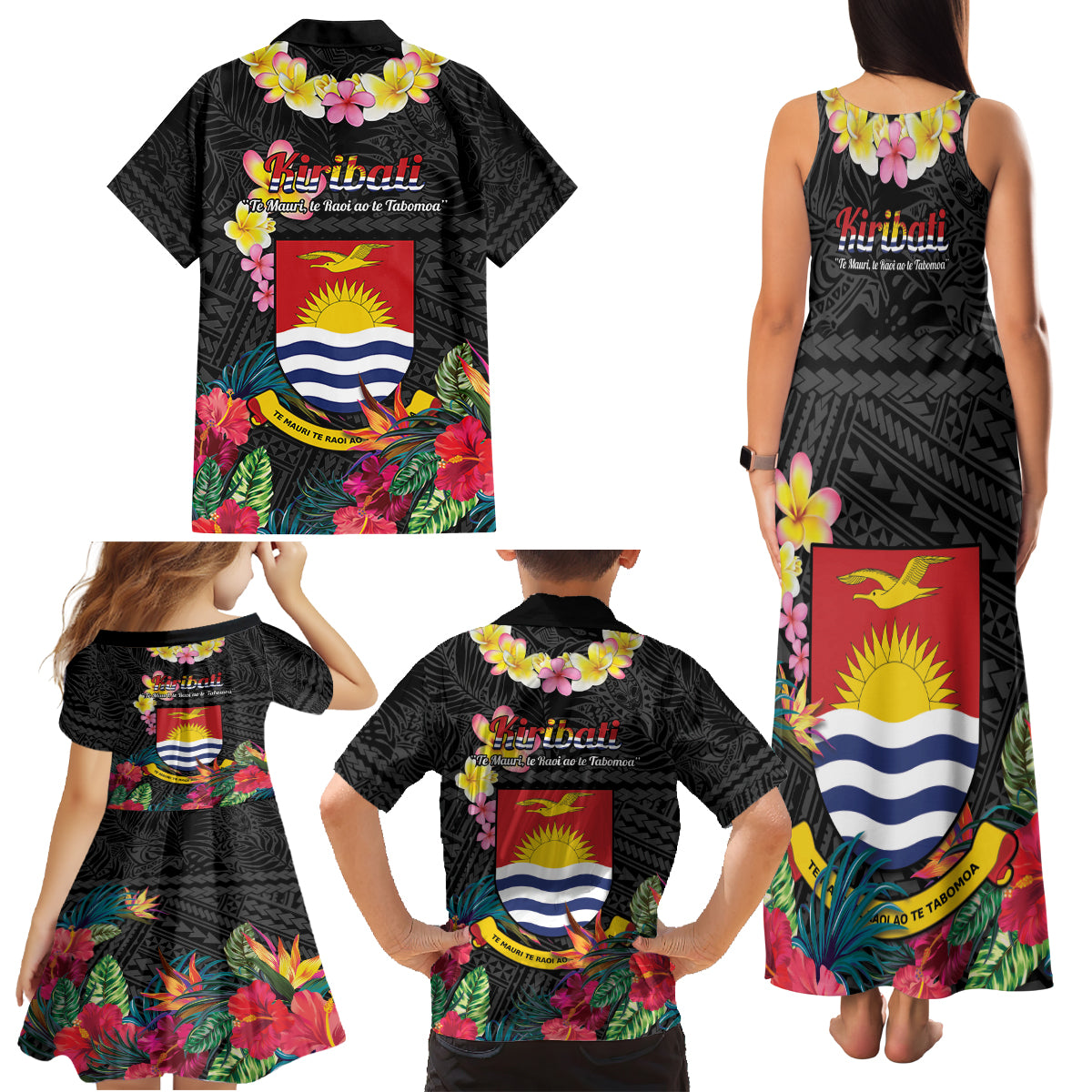Kiribati Independence Day Family Matching Tank Maxi Dress and Hawaiian Shirt Frigatebird Mix Tropical Flowers - Black Style LT14 - Polynesian Pride