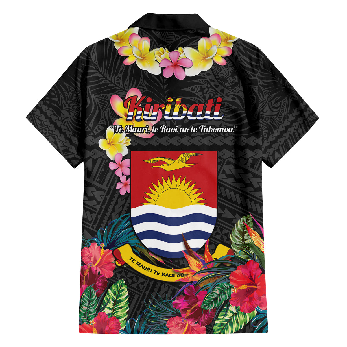Kiribati Independence Day Family Matching Tank Maxi Dress and Hawaiian Shirt Frigatebird Mix Tropical Flowers - Black Style LT14 - Polynesian Pride