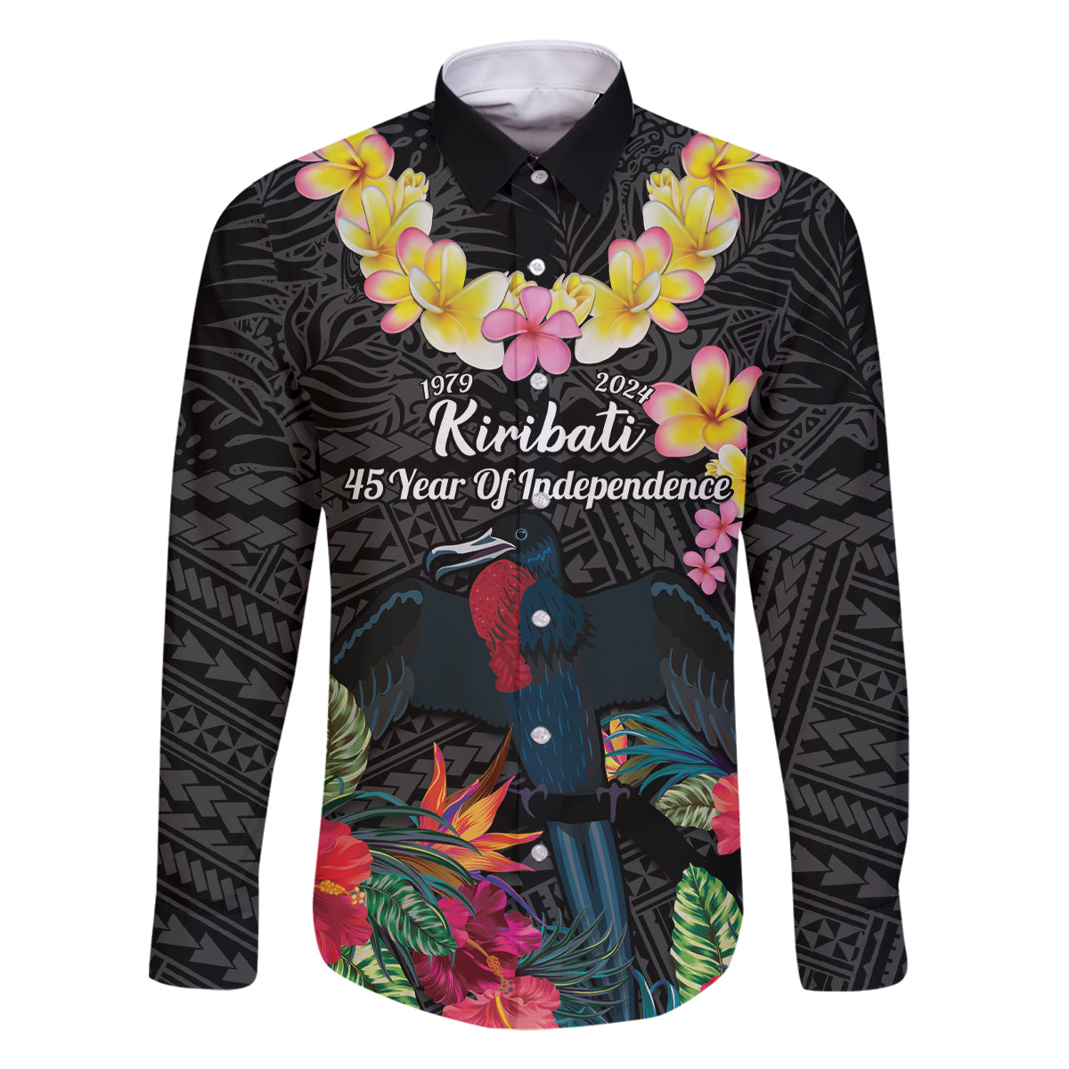 Kiribati Independence Day Family Matching Tank Maxi Dress and Hawaiian Shirt Frigatebird Mix Tropical Flowers - Black Style LT14 Dad's Shirt - Long Sleeve Black - Polynesian Pride