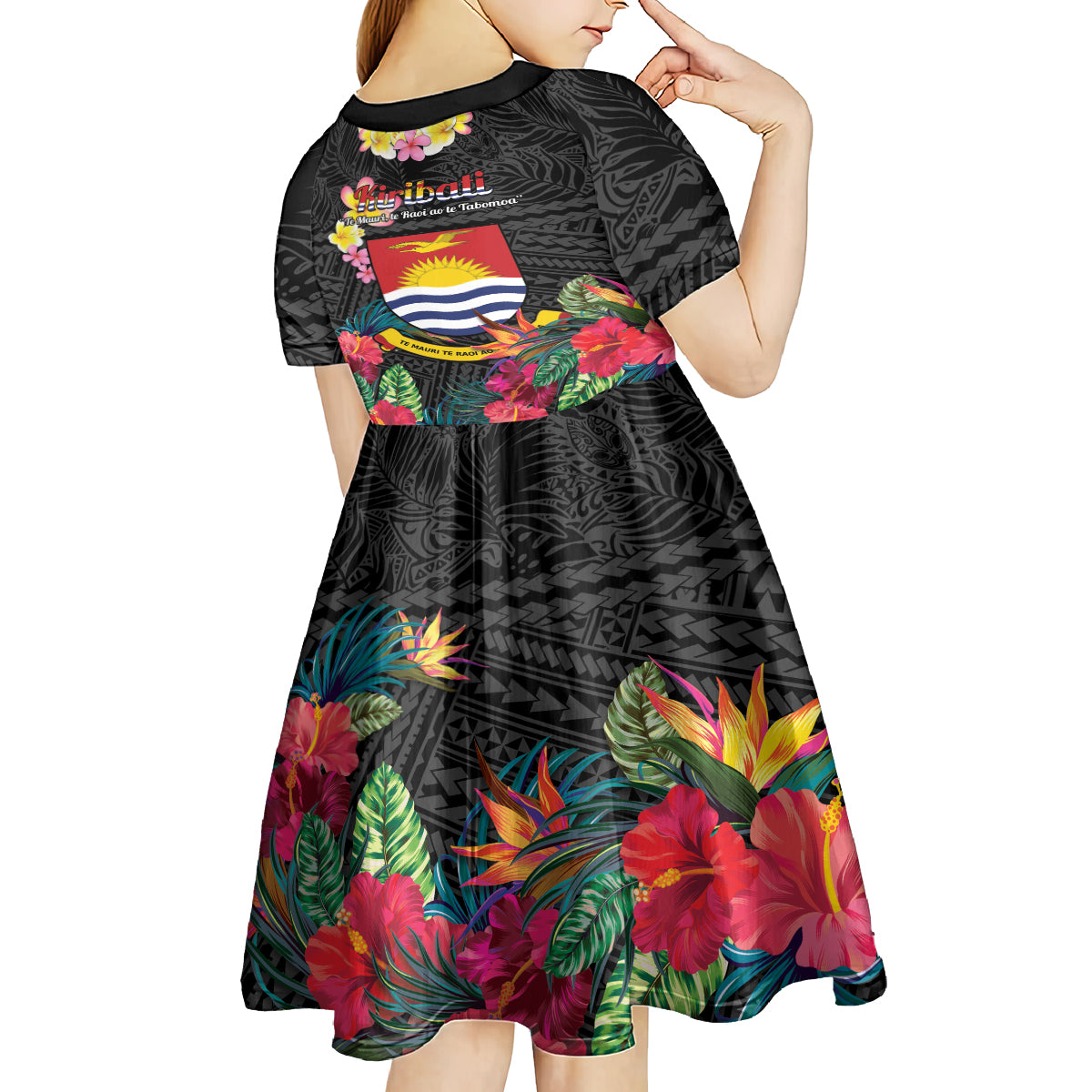 Kiribati Independence Day Kid Short Sleeve Dress Frigatebird Mix Tropical Flowers - Black Style LT14 - Polynesian Pride