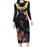 Kiribati Independence Day Long Sleeve Bodycon Dress Frigatebird Mix Tropical Flowers - Black Style LT14 Long Dress Black - Polynesian Pride