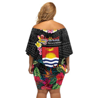 Kiribati Independence Day Off Shoulder Short Dress Frigatebird Mix Tropical Flowers - Black Style