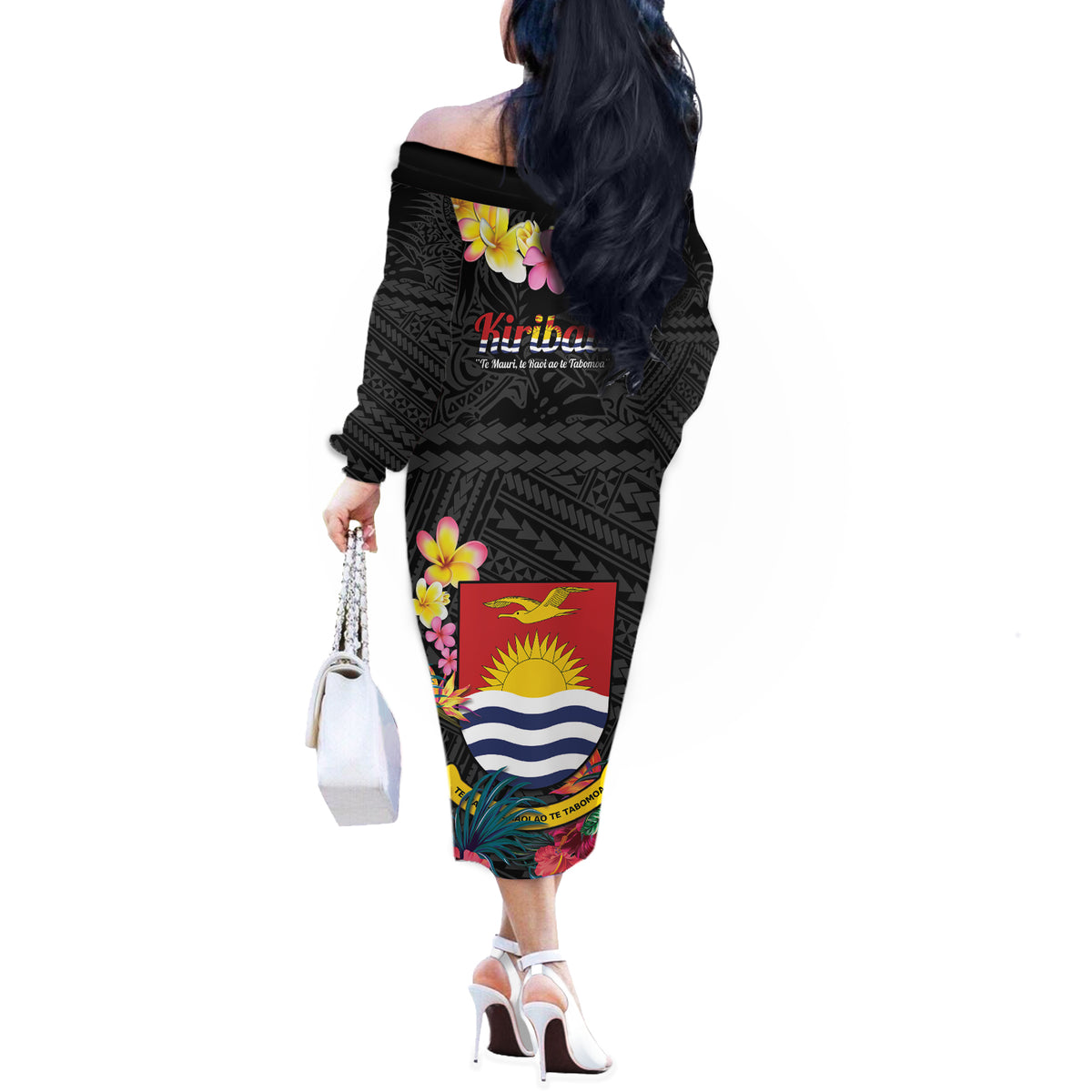 Kiribati Independence Day Off The Shoulder Long Sleeve Dress Frigatebird Mix Tropical Flowers - Black Style LT14 - Polynesian Pride