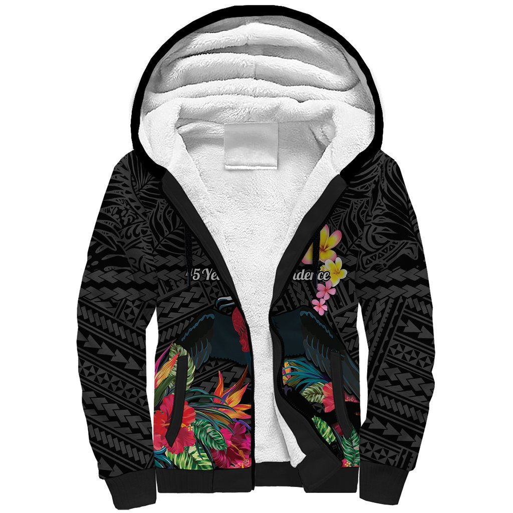 Kiribati Independence Day Sherpa Hoodie Frigatebird Mix Tropical Flowers - Black Style LT14 Unisex Black - Polynesian Pride
