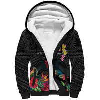 Kiribati Independence Day Sherpa Hoodie Frigatebird Mix Tropical Flowers - Black Style LT14 Unisex Black - Polynesian Pride