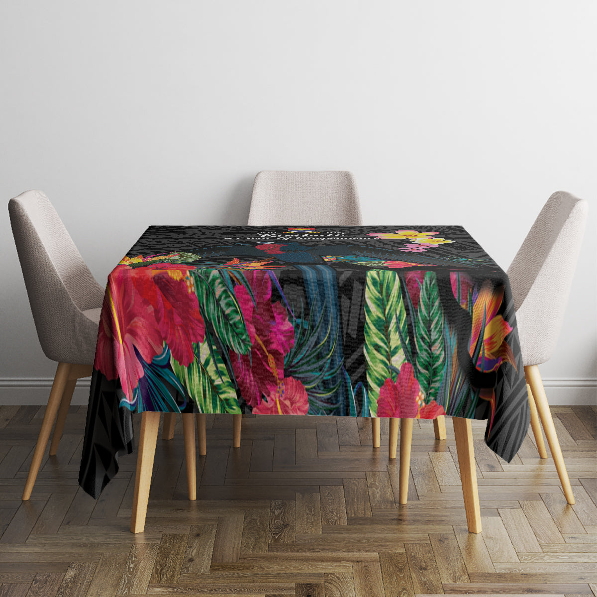 Kiribati Independence Day Tablecloth Frigatebird Mix Tropical Flowers - Black Style