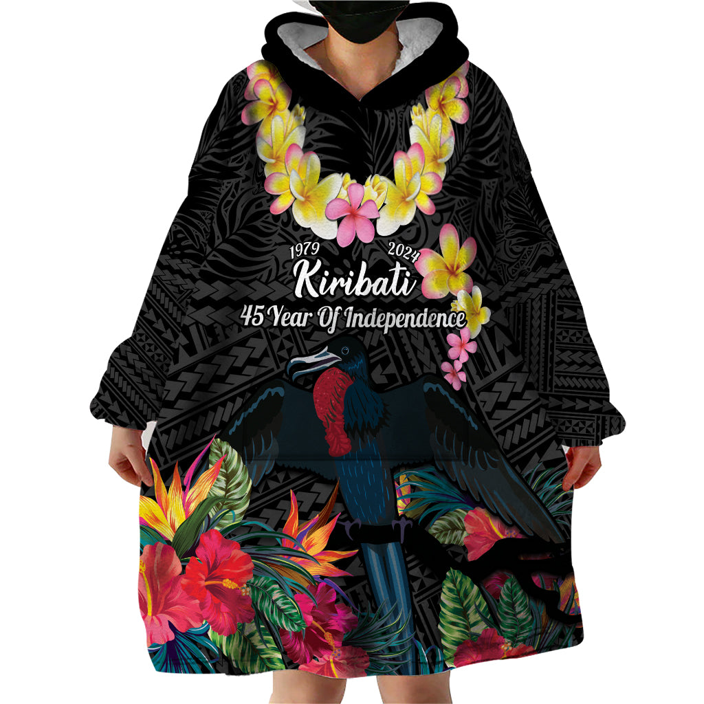 Kiribati Independence Day Wearable Blanket Hoodie Frigatebird Mix Tropical Flowers - Black Style LT14 - Polynesian Pride
