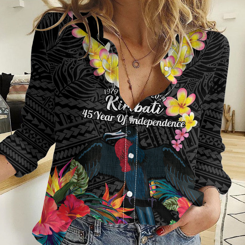 Kiribati Independence Day Women Casual Shirt Frigatebird Mix Tropical Flowers - Black Style LT14 Female Black - Polynesian Pride
