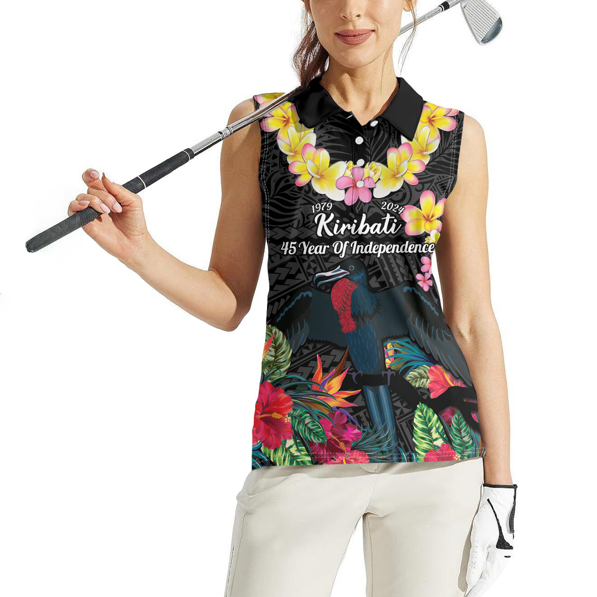 Kiribati Independence Day Women Sleeveless Polo Shirt Frigatebird Mix Tropical Flowers - Black Style LT14 - Polynesian Pride
