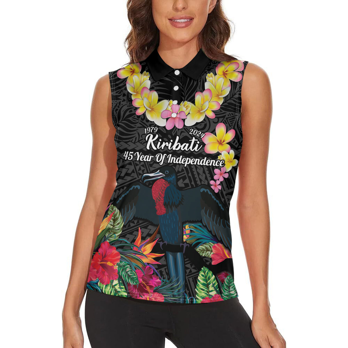 Kiribati Independence Day Women Sleeveless Polo Shirt Frigatebird Mix Tropical Flowers - Black Style LT14 - Polynesian Pride