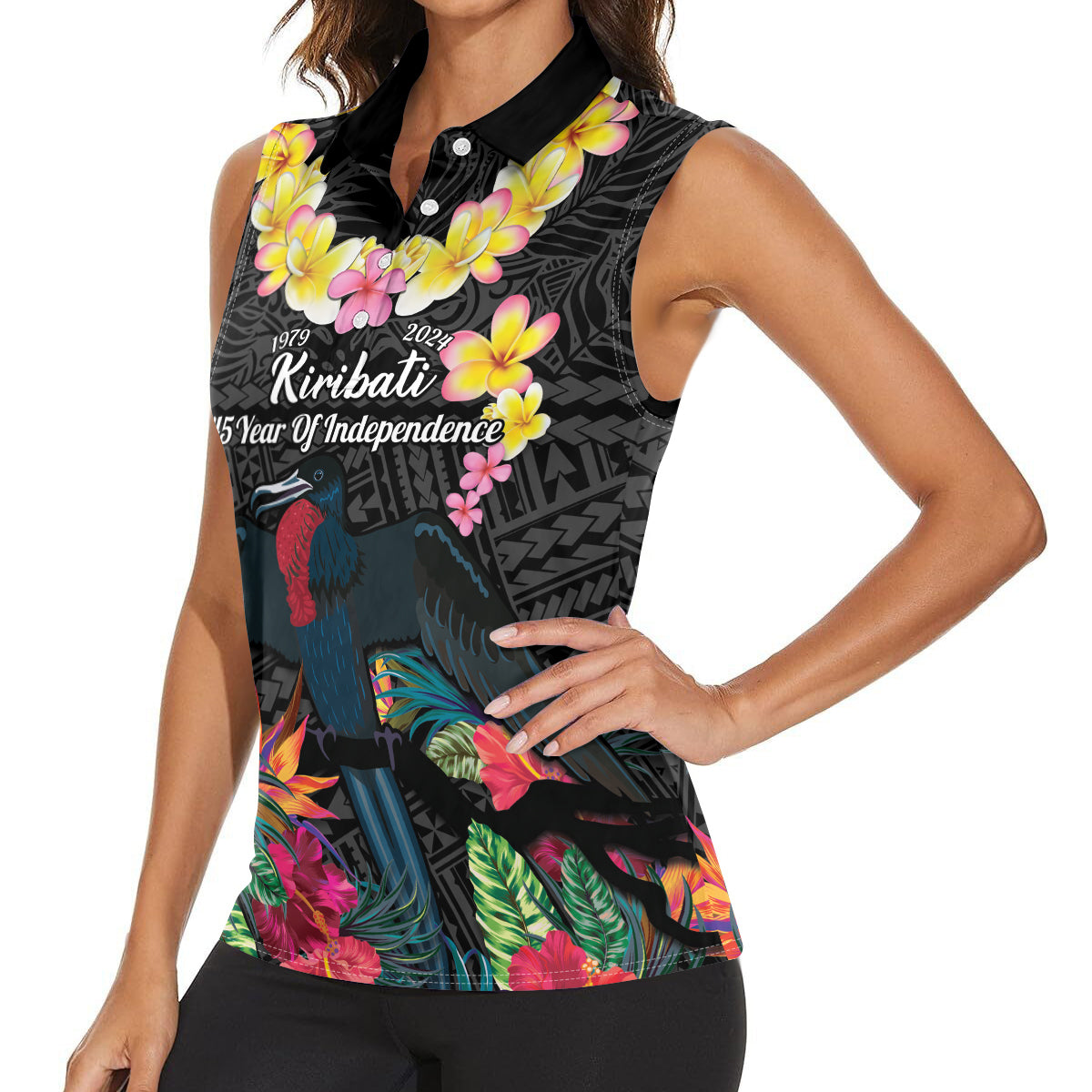 Kiribati Independence Day Women Sleeveless Polo Shirt Frigatebird Mix Tropical Flowers - Black Style LT14 - Polynesian Pride