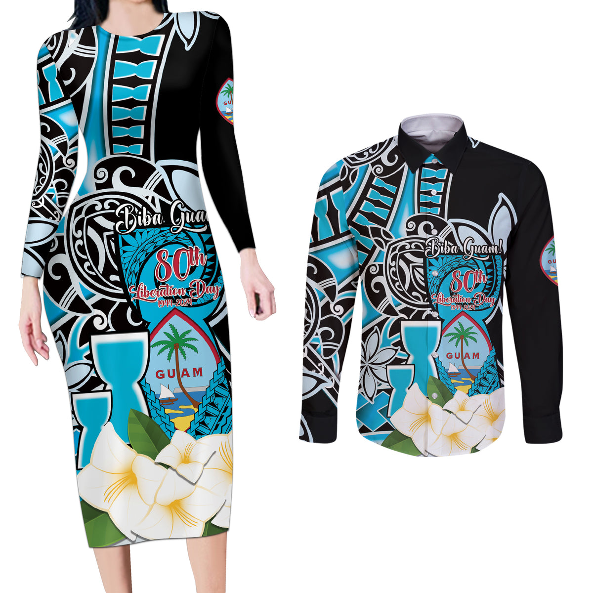 Personalised Guam Liberation Day Couples Matching Long Sleeve Bodycon Dress and Long Sleeve Button Shirt 80th Anniversary Chamorro Latte Stone With Guasali Flowers LT14 Blue - Polynesian Pride