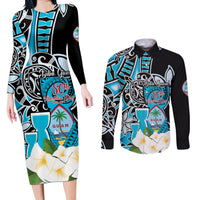 Personalised Guam Liberation Day Couples Matching Long Sleeve Bodycon Dress and Long Sleeve Button Shirt 80th Anniversary Chamorro Latte Stone With Guasali Flowers LT14 Blue - Polynesian Pride