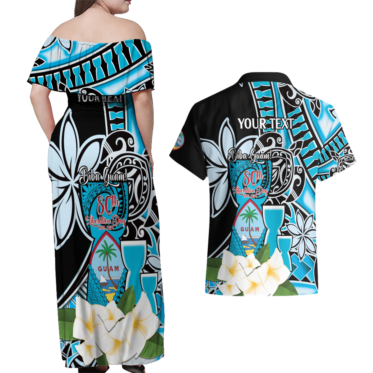 Personalised Guam Liberation Day Couples Matching Off Shoulder Maxi Dress and Hawaiian Shirt 80th Anniversary Chamorro Latte Stone With Guasali Flowers LT14 - Polynesian Pride