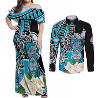 Personalised Guam Liberation Day Couples Matching Off Shoulder Maxi Dress and Long Sleeve Button Shirt 80th Anniversary Chamorro Latte Stone With Guasali Flowers LT14 Blue - Polynesian Pride