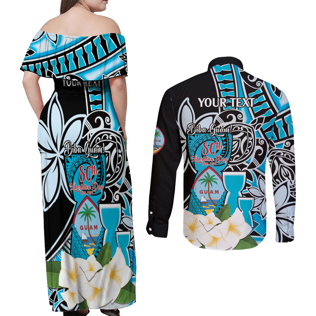 Personalised Guam Liberation Day Couples Matching Off Shoulder Maxi Dress and Long Sleeve Button Shirt 80th Anniversary Chamorro Latte Stone With Guasali Flowers LT14 - Polynesian Pride