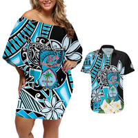 Personalised Guam Liberation Day Couples Matching Off Shoulder Short Dress and Hawaiian Shirt 80th Anniversary Chamorro Latte Stone With Guasali Flowers LT14 Blue - Polynesian Pride