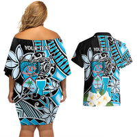 Personalised Guam Liberation Day Couples Matching Off Shoulder Short Dress and Hawaiian Shirt 80th Anniversary Chamorro Latte Stone With Guasali Flowers LT14 - Polynesian Pride
